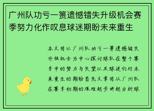广州队功亏一篑遗憾错失升级机会赛季努力化作叹息球迷期盼未来重生